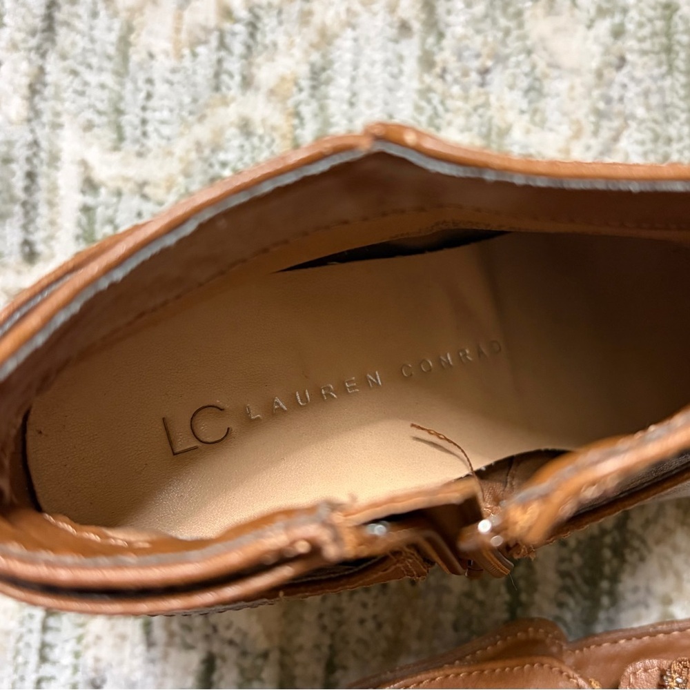 LC Lauren Conrad Bonbon Cognac Ankle Boots Size 7 Block Heel Side Zip Booties - Picture 6 of 9